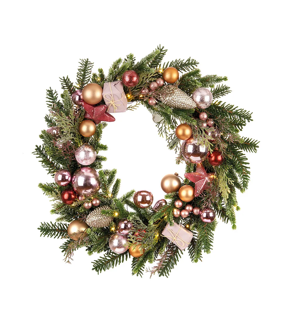 WREATH WITH BALLS AND GIFT BOXES, WITH 40 LEDS