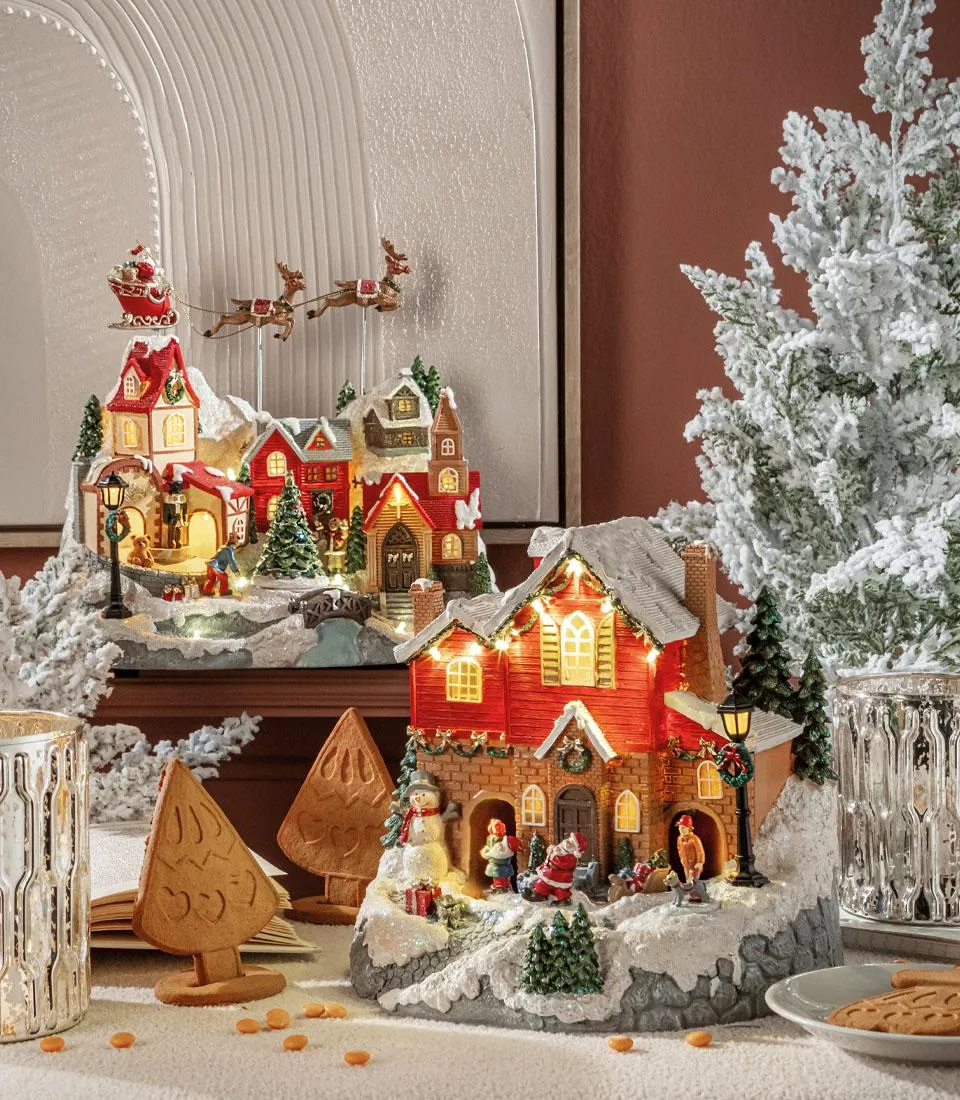 Standing decoration village with flying reindeers