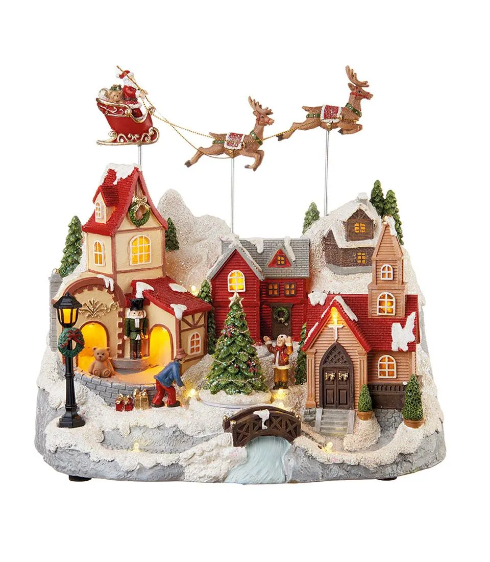 Standing decoration village with flying reindeers